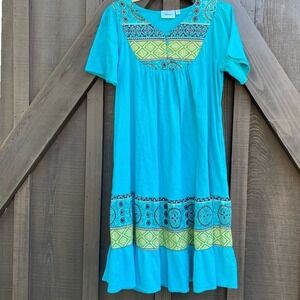 Vintage‎ Dress S Turquoise/Blue 100% Cotton Flowy Boho Midi Short Sleeve S